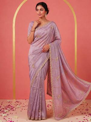 Purple Art Silk Beads Embroidery With Sequence Work Saree with Unstitch Blouse Piece For Women 4