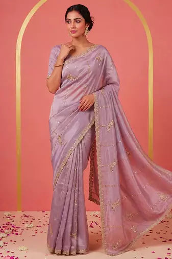 Purple Art Silk Beads Embroidery With Sequence Work Saree with Unstitch Blouse Piece For Women