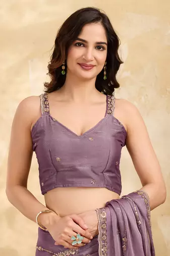 Purple Silk Blend Beads Embroidery With Sequence Work Saree with Unstitch Blouse Piece For Women