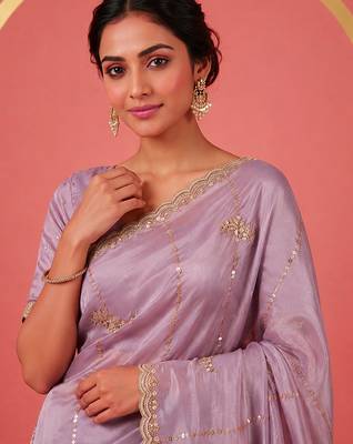 Purple Art Silk Beads Embroidery With Sequence Work Saree with Unstitch Blouse Piece For Women 5
