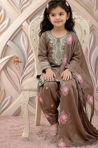 Designer party wear heavy natural crep kids patiala set