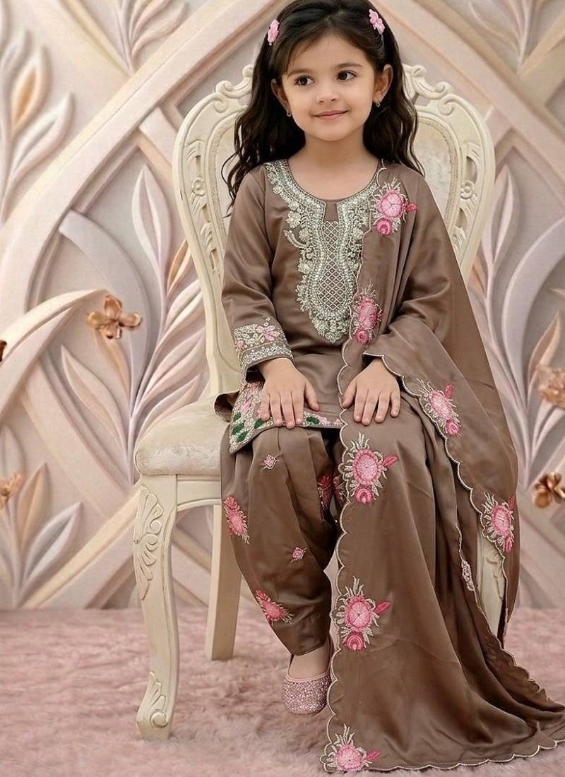 Designer party wear heavy natural crep kids patiala set