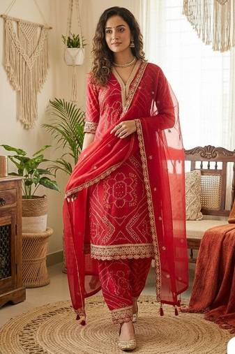 red bandhani print salwar suit set with  net dupatta