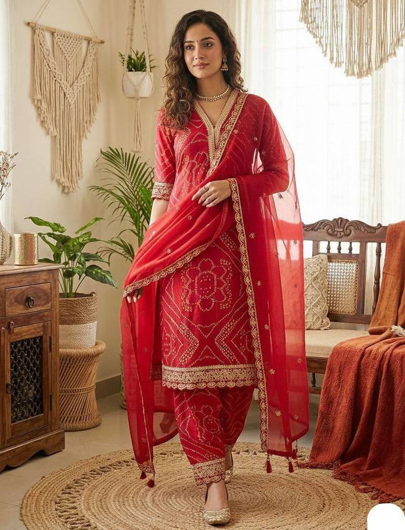 red bandhani print salwar suit set with  net dupatta