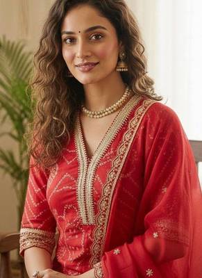red bandhani print salwar suit set with net dupatta 2