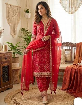 red bandhani print salwar suit set with net dupatta 3