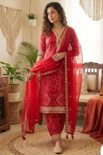 red bandhani print salwar suit set with net dupatta