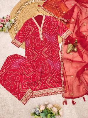 red bandhani print salwar suit set with net dupatta 4