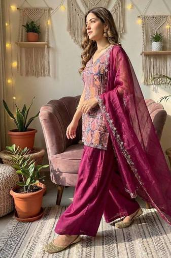 wine kurta with palazzo and organza dupatta set