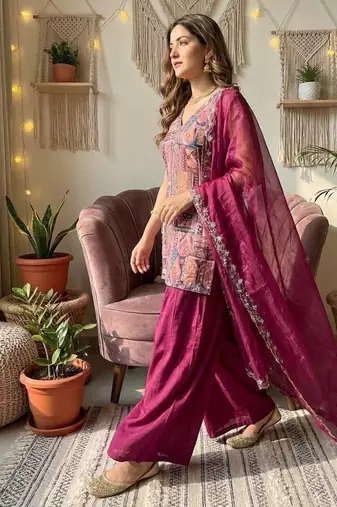 wine kurta with palazzo and organza dupatta set