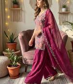 wine kurta with palazzo and organza dupatta set