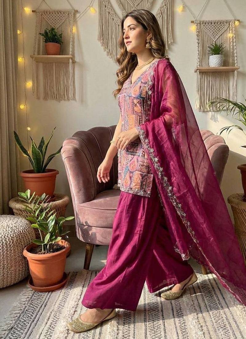 wine kurta with palazzo and organza dupatta set