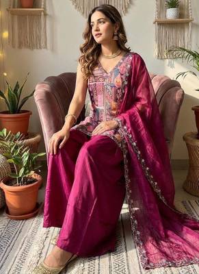 wine kurta with palazzo and organza dupatta set 2