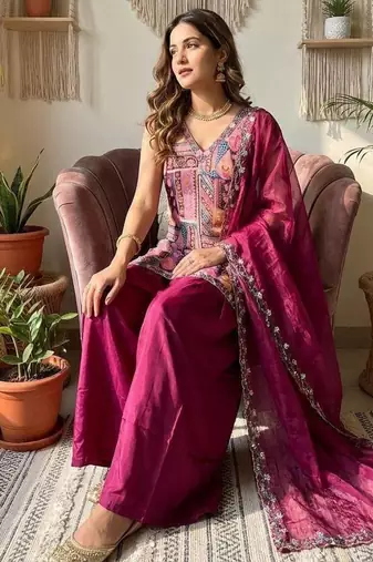 wine kurta with palazzo and organza dupatta set
