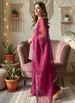 wine kurta with palazzo and organza dupatta set 3