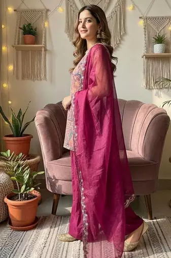 wine kurta with palazzo and organza dupatta set