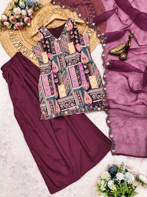 wine kurta with palazzo and organza dupatta set 4