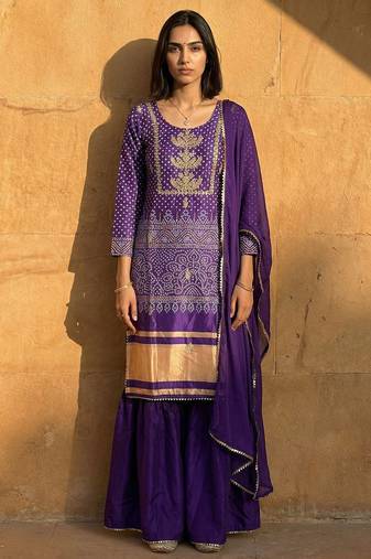 purple bandhani print sharara set