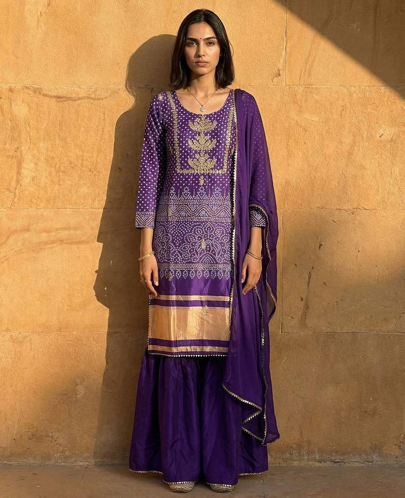 purple bandhani print sharara set