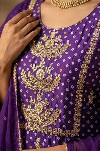 purple bandhani print sharara set