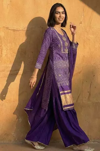 purple bandhani print sharara set