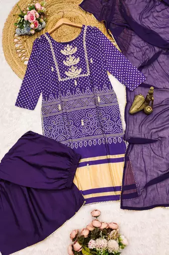 purple bandhani print sharara set