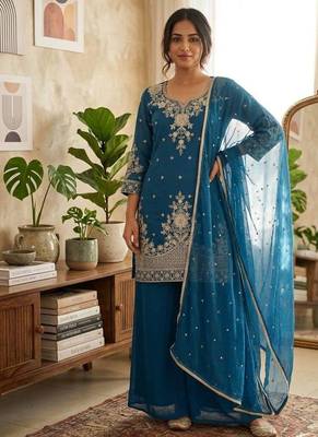 Teal heavy embroidery Sequin work kurta set 1