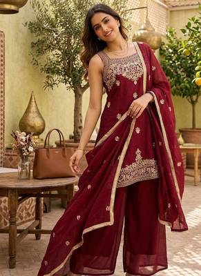 Red heavy embroidery Sequin work kurta set 1