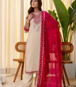 Floral embroidered chinon v neck kurta trouser & dupatta set