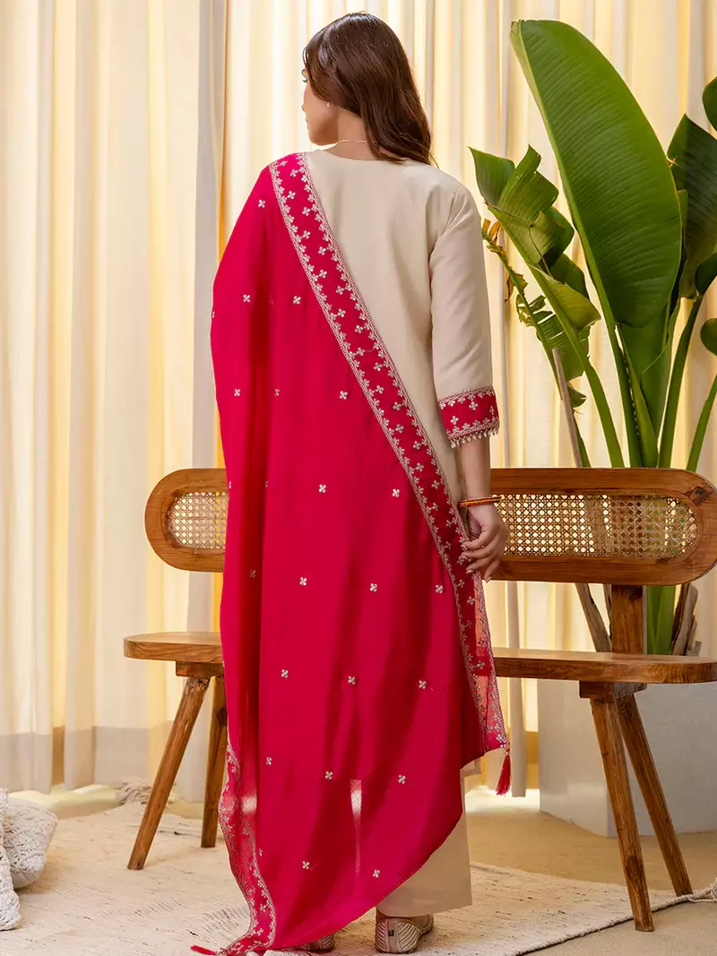 Floral embroidered chinon v neck kurta trouser & dupatta set