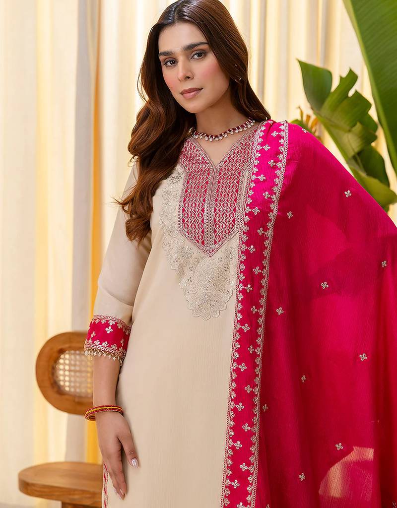 Floral embroidered chinon v neck kurta trouser & dupatta set