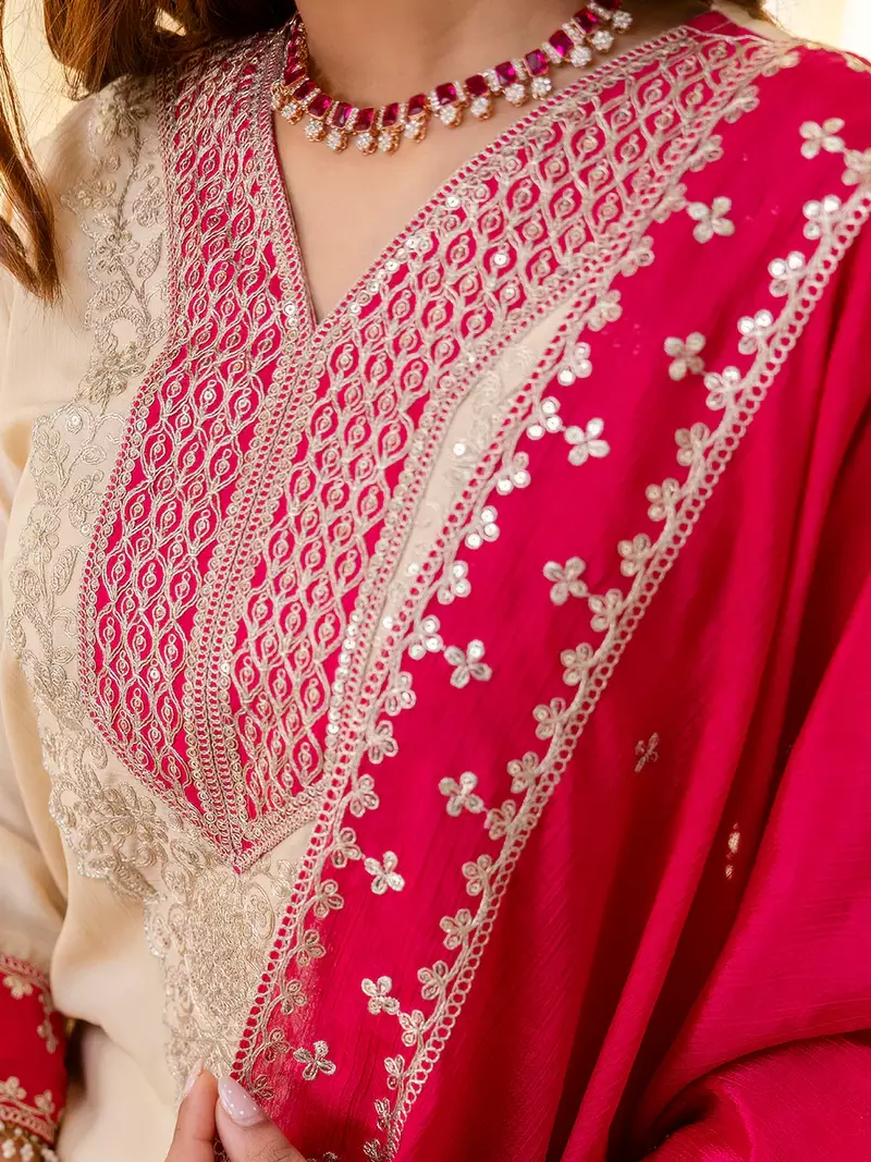 Floral embroidered chinon v neck kurta trouser & dupatta set