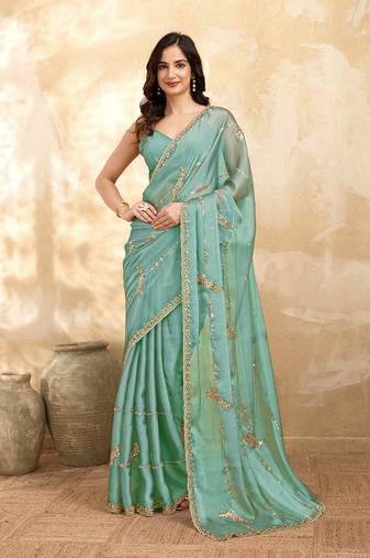 Turquoise silk blend beads embroidery with sequence work saree with unstitch blouse piece for women