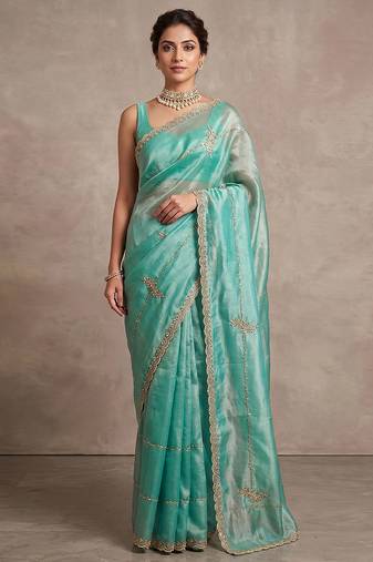 Turquoise art silk beads embroidery with sequence work saree with unstitch blouse piece for women
