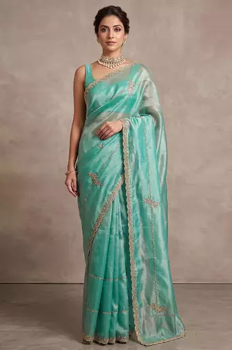 Turquoise art silk beads embroidery with sequence work saree with unstitch blouse piece for women