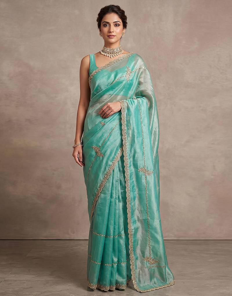Turquoise art silk beads embroidery with sequence work saree with unstitch blouse piece for women