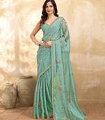 Turquoise silk blend beads embroidery with sequence work saree with unstitch blouse piece for women