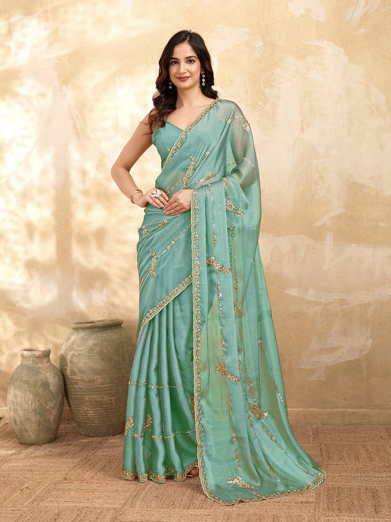 Turquoise silk blend beads embroidery with sequence work saree with unstitch blouse piece for women
