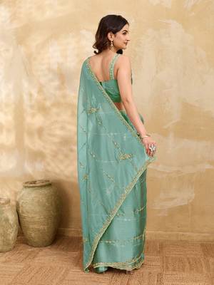 Turquoise silk blend beads embroidery with sequence work saree with unstitch blouse piece for women 2