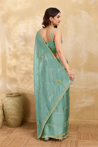 Turquoise silk blend beads embroidery with sequence work saree with unstitch blouse piece for women