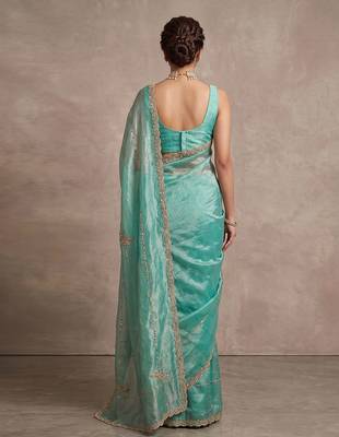 Turquoise art silk beads embroidery with sequence work saree with unstitch blouse piece for women 2