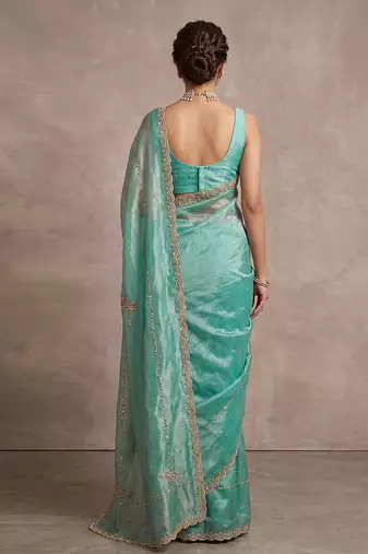 Turquoise art silk beads embroidery with sequence work saree with unstitch blouse piece for women
