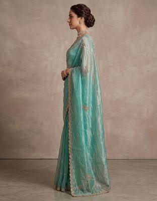 Turquoise art silk beads embroidery with sequence work saree with unstitch blouse piece for women 3