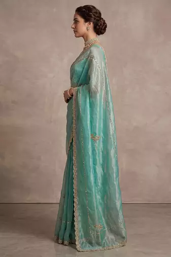 Turquoise art silk beads embroidery with sequence work saree with unstitch blouse piece for women