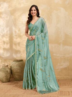Turquoise silk blend beads embroidery with sequence work saree with unstitch blouse piece for women 3