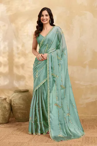 Turquoise silk blend beads embroidery with sequence work saree with unstitch blouse piece for women