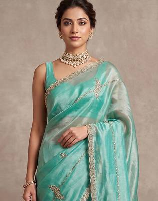 Turquoise art silk beads embroidery with sequence work saree with unstitch blouse piece for women 4