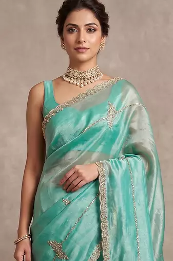 Turquoise art silk beads embroidery with sequence work saree with unstitch blouse piece for women