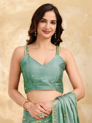 Turquoise silk blend beads embroidery with sequence work saree with unstitch blouse piece for women 5