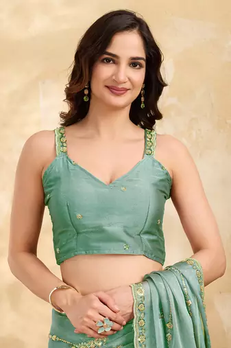 Turquoise silk blend beads embroidery with sequence work saree with unstitch blouse piece for women